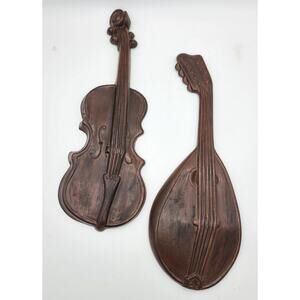 Set of 60s Violin & Mandolin Cast Metal Musical Instruments Wall Decor by Royal